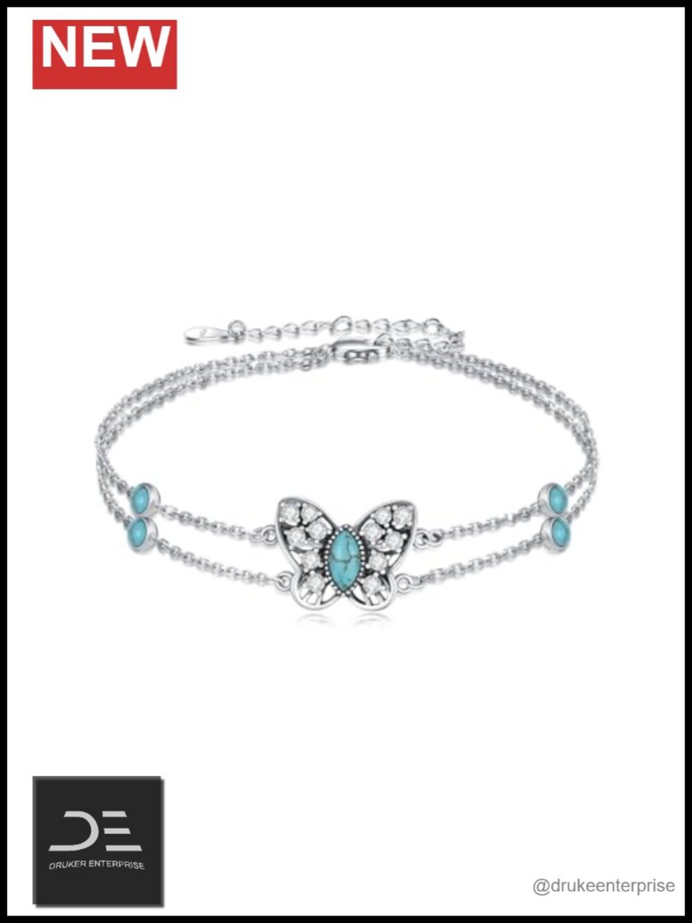 Natural Turquoise Double Layer Butterfly Bracelet 925 Sterling Silver Adjustable